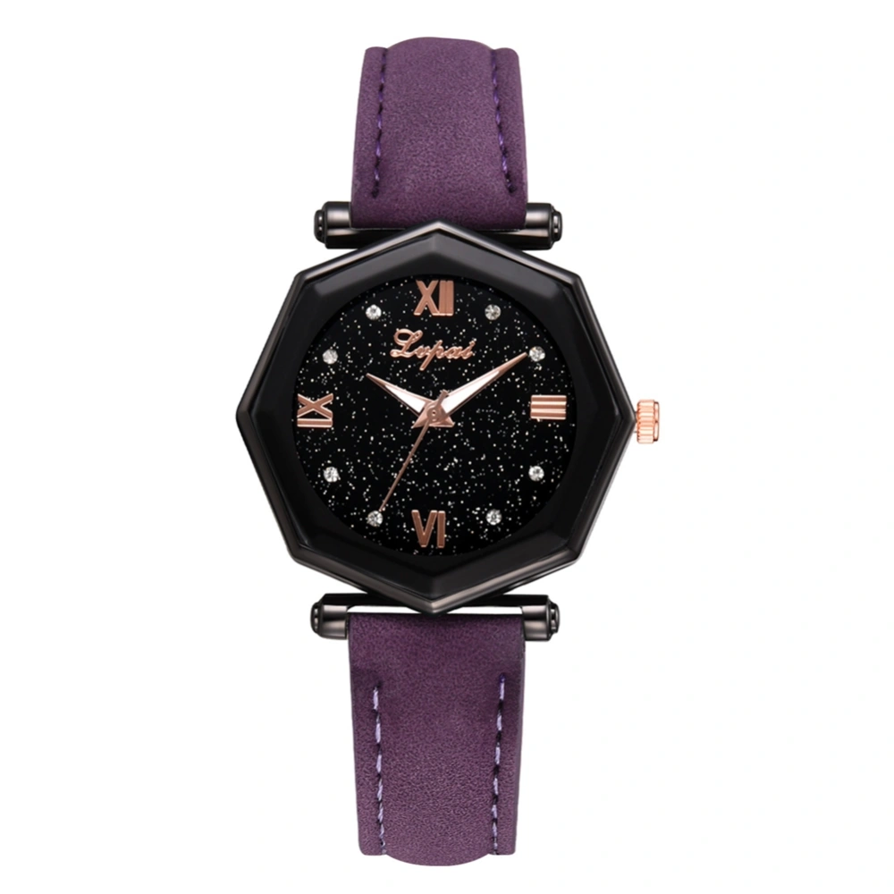 LVPAI Simple Fashion PU Strap Women Lady Watch Quartz Wristwatch(Purple)