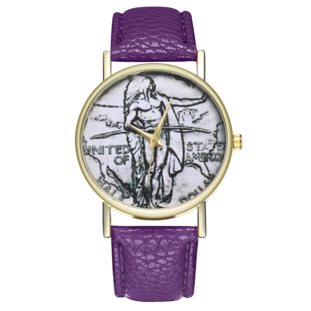 Zhoulianfa Men Women Vintage Figure Alloy Quartz Couple Watch PU Strap Wristwatch (Purple)