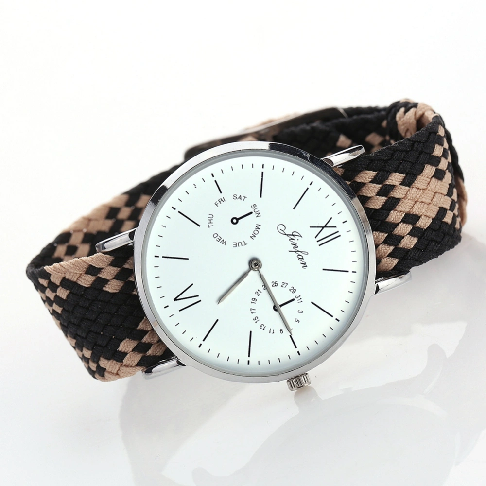 Ethnic Style Quartz Watch Woven Strap Decoration Men Women Wristwatch (Beige)