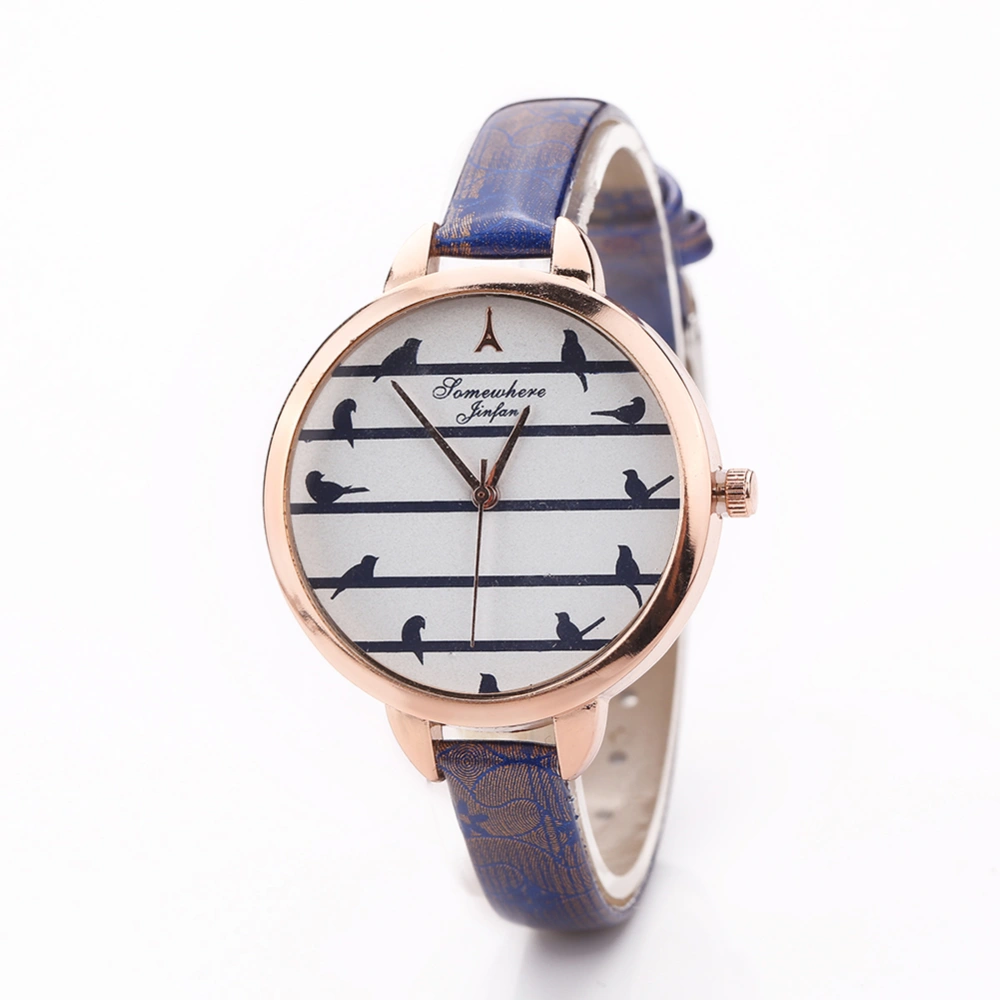 Fashion Women Slim PU Strap Striped Pattern Dial Watch Alloy Quartz Wristwatch (Blue)