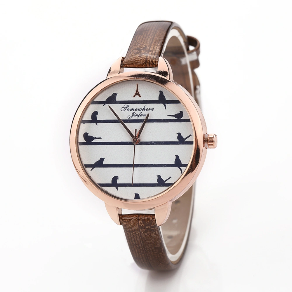 Fashion Women Slim PU Strap Striped Pattern Dial Watch Alloy Quartz Wristwatch (Brown)