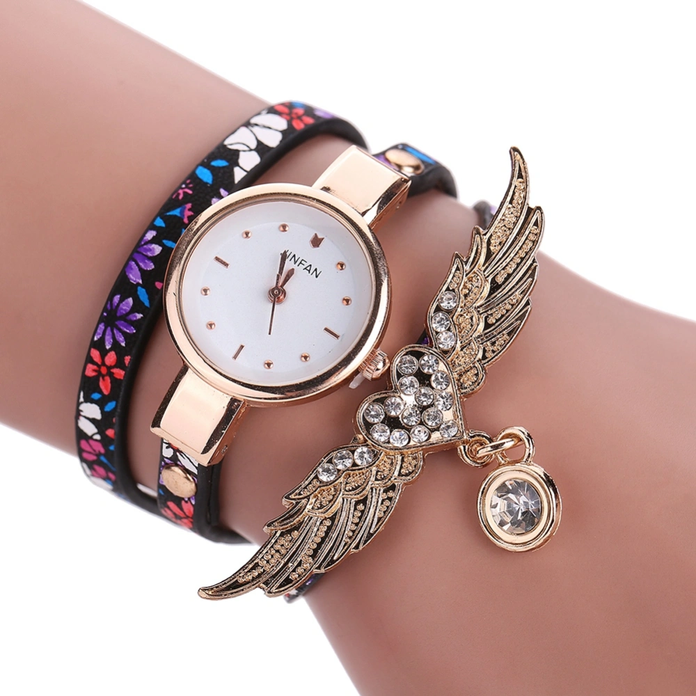 Woman Rhinestones Quartz Wristwatch Multi Layers Wings Bracelet Watch (2#)