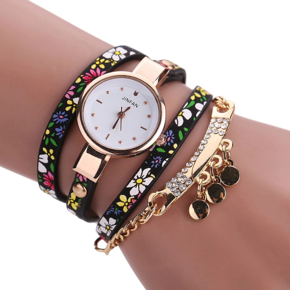 Fashion Woman Thin Floral Strap Quartz Wristwatch Multi Layers Bracelet Watch (2#)