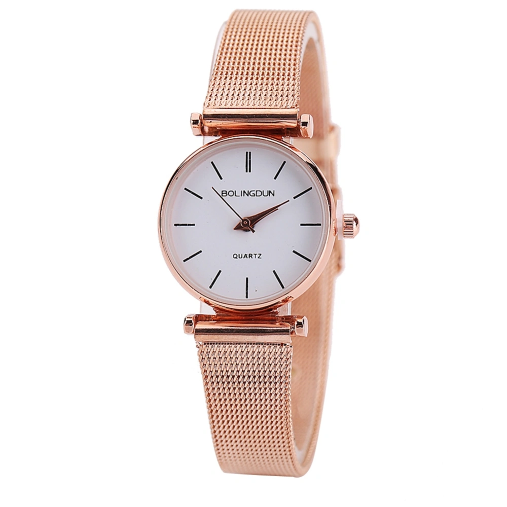 Fashion Mesh Belt Quartz Roman numeral Big Round Dial Casual Unisex Watch (Rose Gold Small)