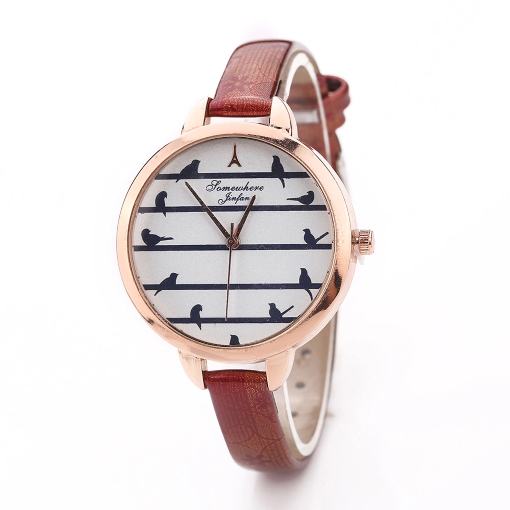 Fashion Women Slim PU Strap Striped Pattern Dial Watch Alloy Quartz Wristwatch (Red)