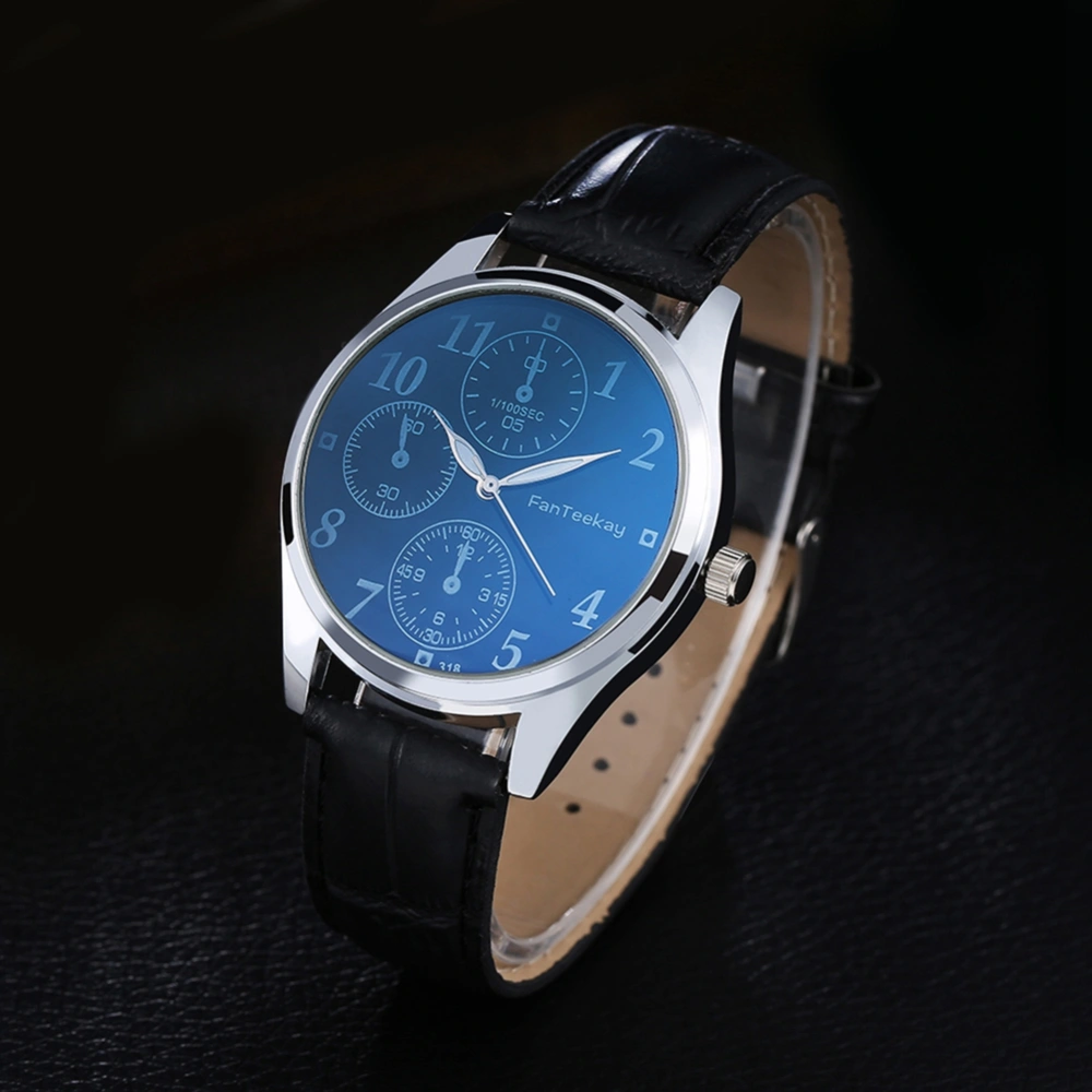 Fashion PU Leather Quartz Watch Three Time Zone numeral Dial Male Watch (Black Blue)