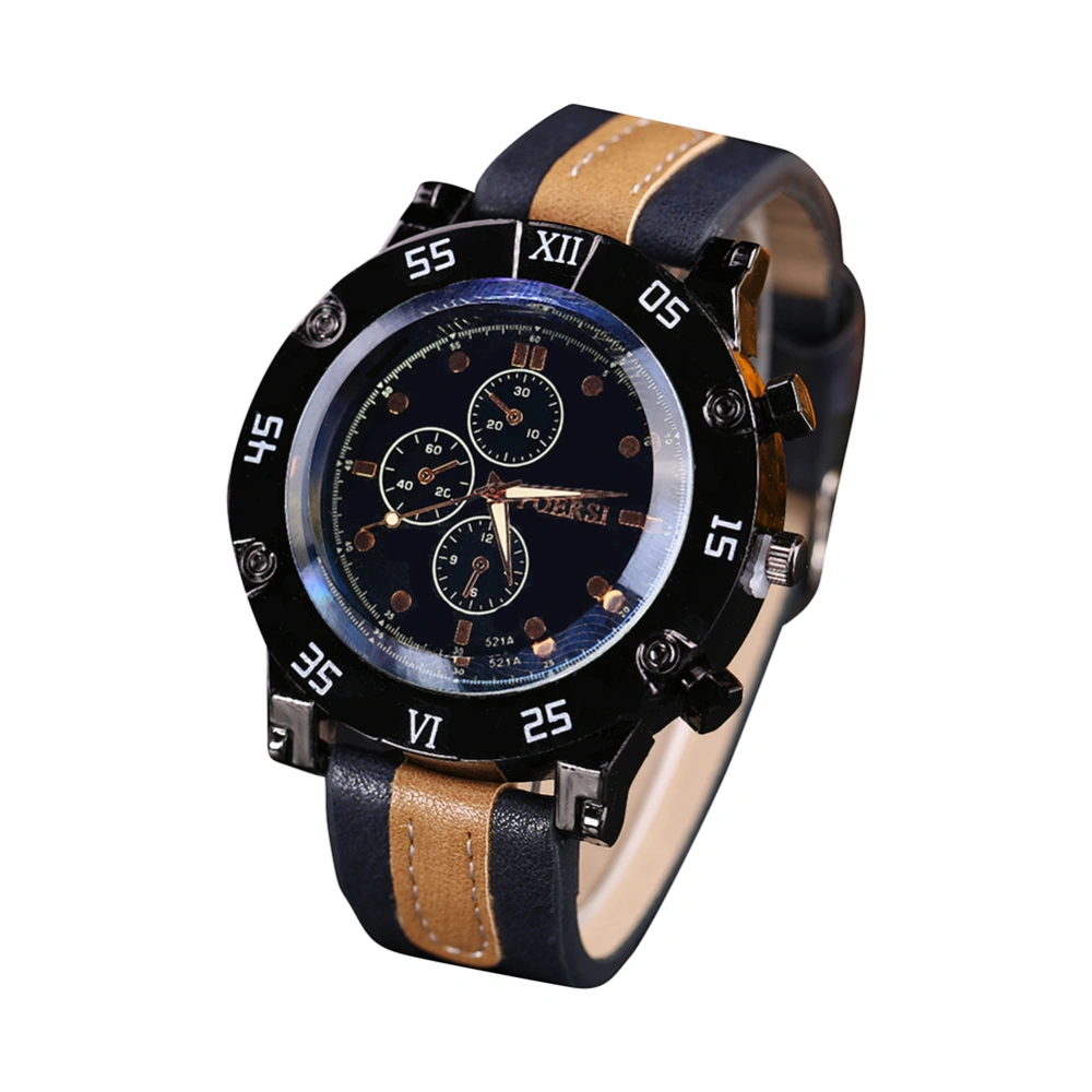 Fashionable Simple Men Casual PU Leather Strap Quartz Wristwatch Watch(Blue Strap Black Dial)