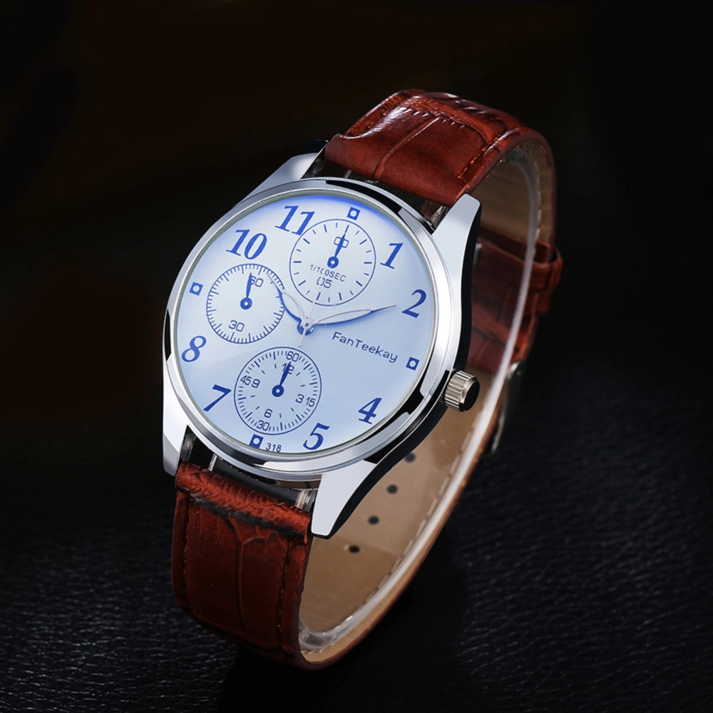 Fashion PU Leather Quartz Watch Three Time Zone numeral Dial Male Watch (Brown White)