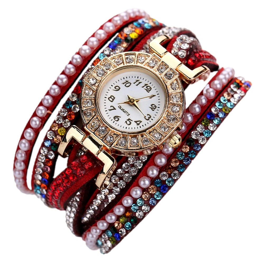 Colorful Rhinestone PU Leather Band Quartz Watch Faux Pearl Shinning Female Watch (Red)