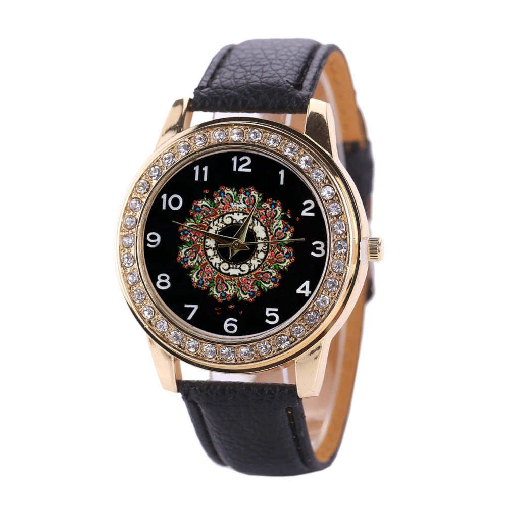 Fashion PU Leather Band Quartz Watch Numeral Big Round Dial Rhinestone Female Watch (Black)