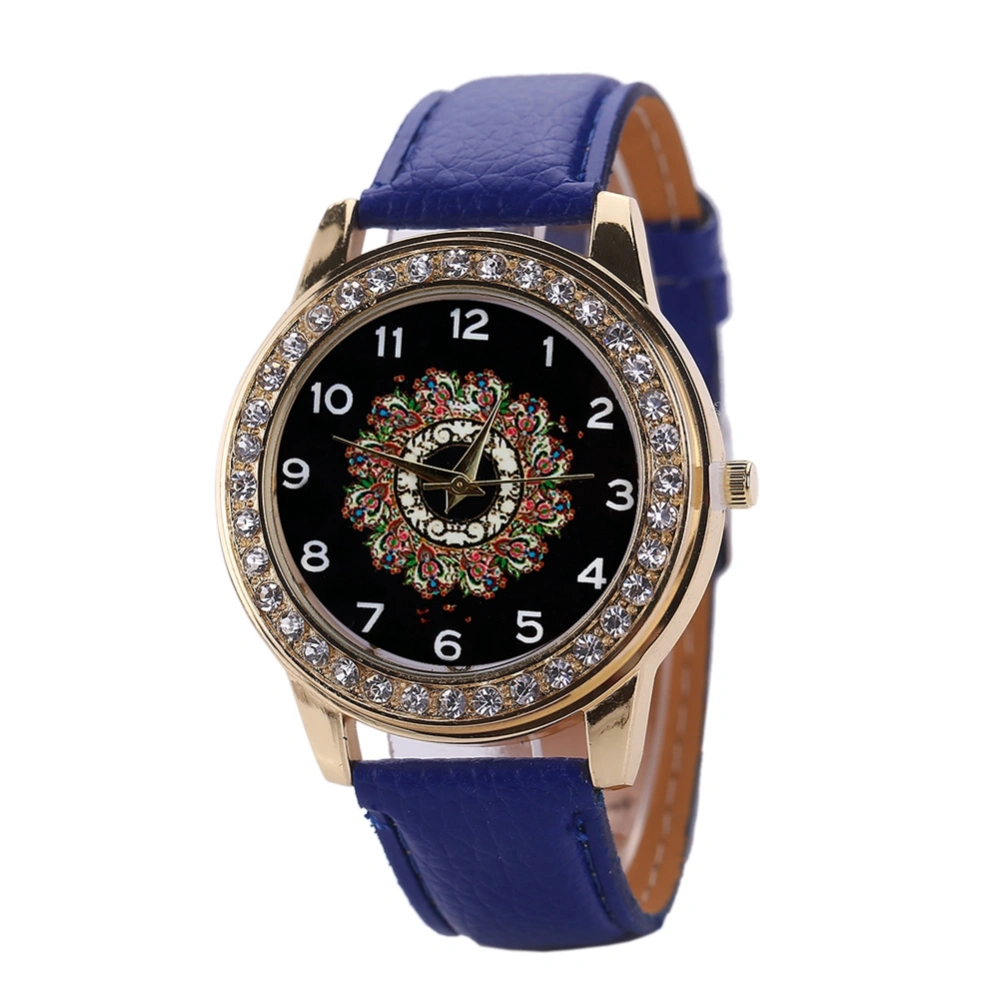 Fashion PU Leather Band Quartz Watch Numeral Big Round Dial Rhinestone Female Watch (Blue)