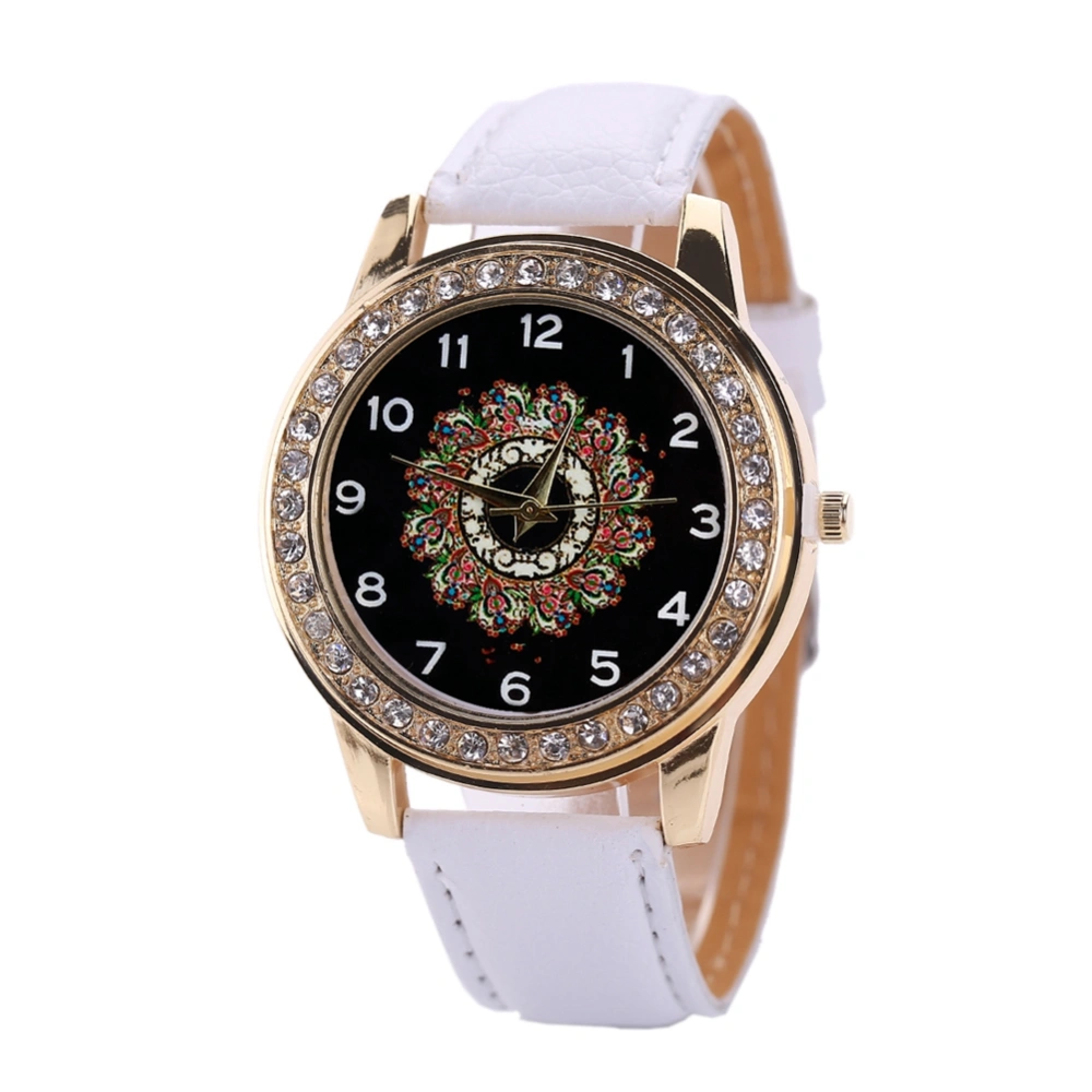 Fashion PU Leather Band Quartz Watch Numeral Big Round Dial Rhinestone Female Watch (White)