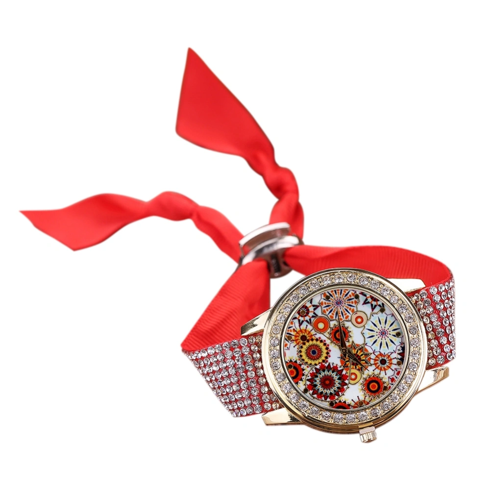 Fashionable Printing Dial Rhinestone Cloth Bandage Women Quartz Watch(Red)