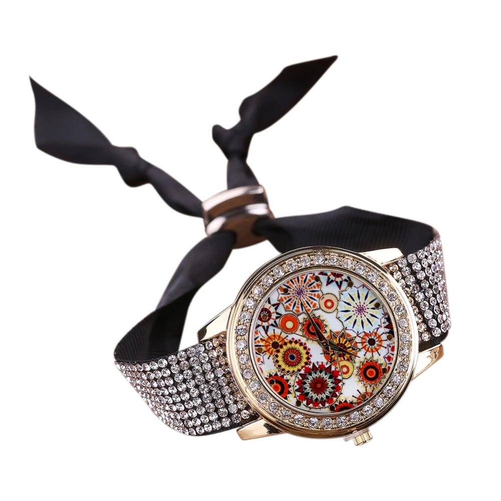 Fashionable Printing Dial Rhinestone Cloth Bandage Women Quartz Watch(Black)