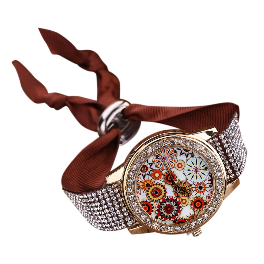 Fashionable Printing Dial Rhinestone Cloth Bandage Women Quartz Watch(Brown)