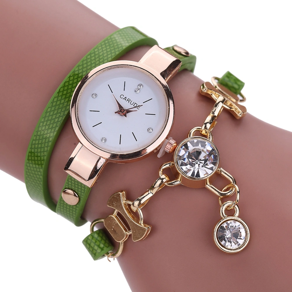 Fashion PU Leather Narrow Wrapped Band Quartz Watch Rhinestone Pendant Female Watch (Green)