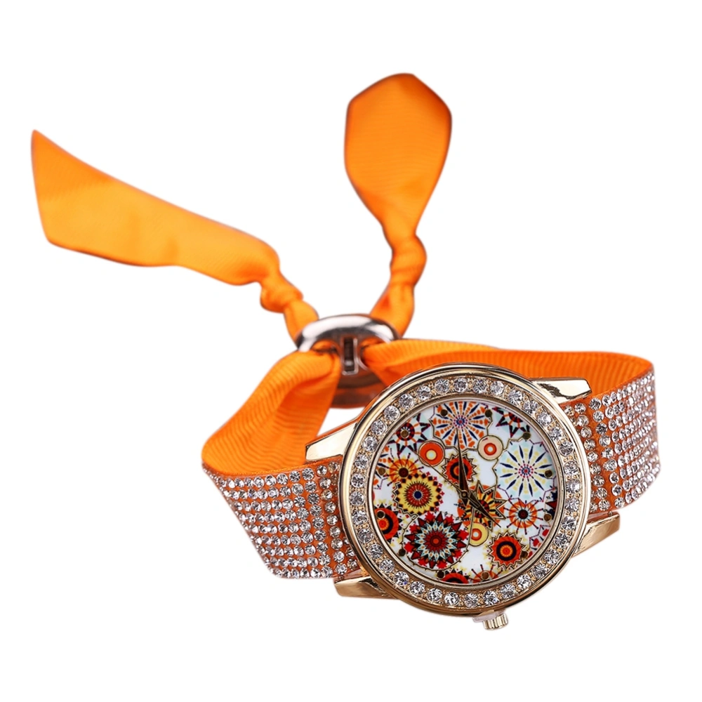 Fashionable Printing Dial Rhinestone Cloth Bandage Women Quartz Watch(Orange)