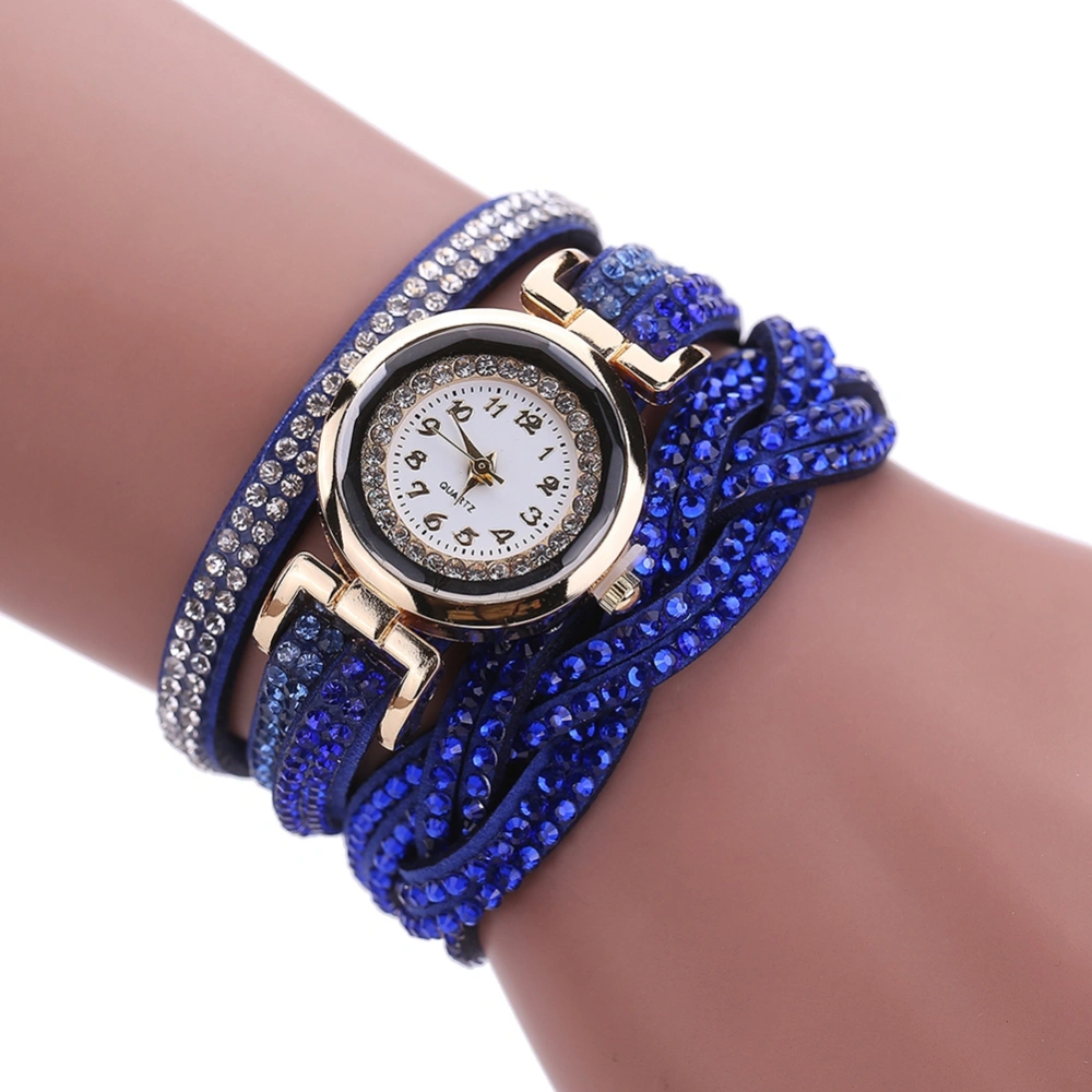 Women Ethnic Style Retro Fashion Rhinestones Twining Multilayer Alloy Quartz Watch(Blue)