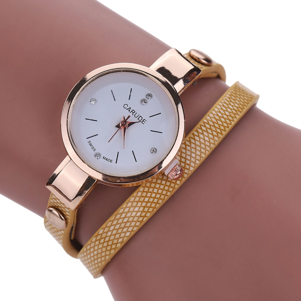 Fashion PU Leather Narrow Wrapped Band Quartz Watch Rhinestone Female Watch (Beige)