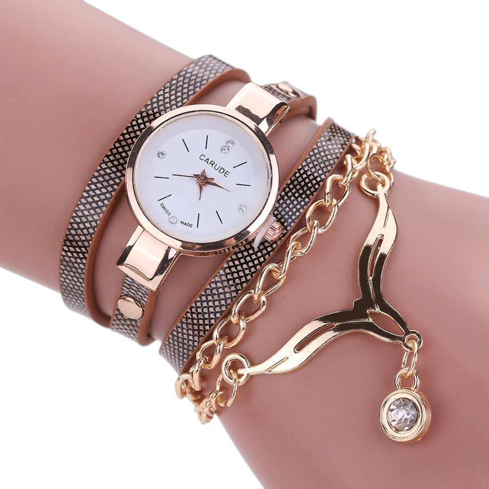 Fashion PU Leather Narrow Band Quartz Watch Alloy Pendant Female Watch (Brown)