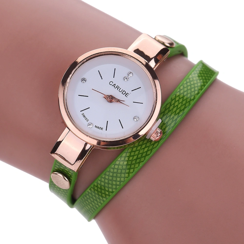 Fashion PU Leather Narrow Wrapped Band Quartz Watch Rhinestone Female Watch (Green)