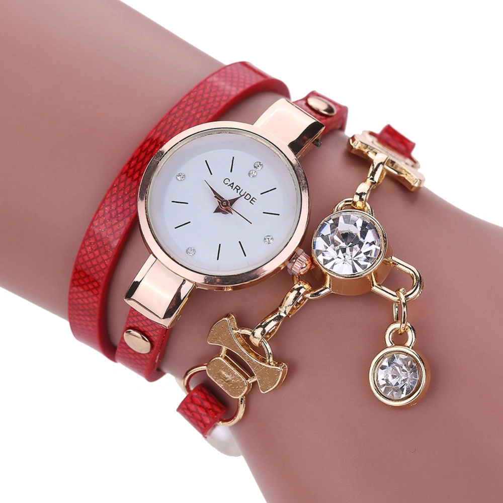 Fashion PU Leather Narrow Wrapped Band Quartz Watch Rhinestone Pendant Female Watch (Red)