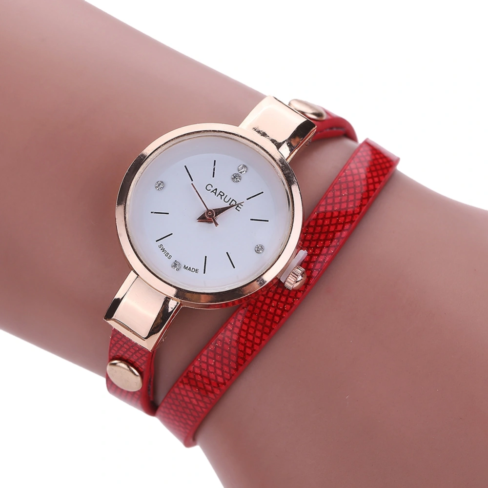 Fashion PU Leather Narrow Wrapped Band Quartz Watch Rhinestone Female Watch (Red)