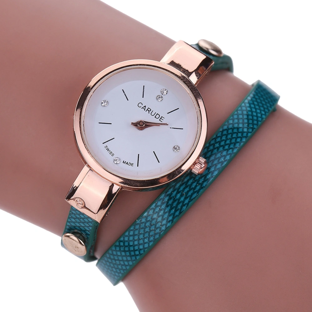 Fashion PU Leather Narrow Wrapped Band Quartz Watch Rhinestone Female Watch (Light Blue)