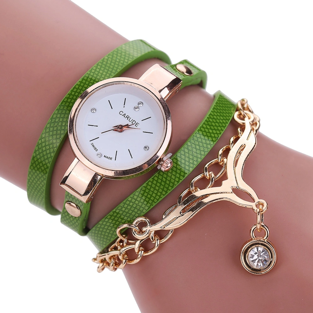 Fashion PU Leather Narrow Band Quartz Watch Alloy Pendant Female Watch (Green)