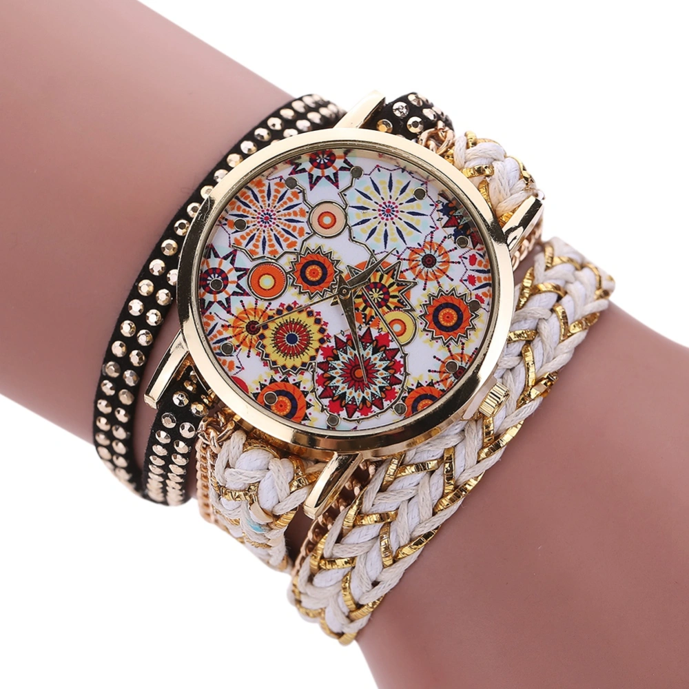 Women Multi Layers Woven Bracelet Watch Floral Dial Alloy Quartz Wristwatch (White)