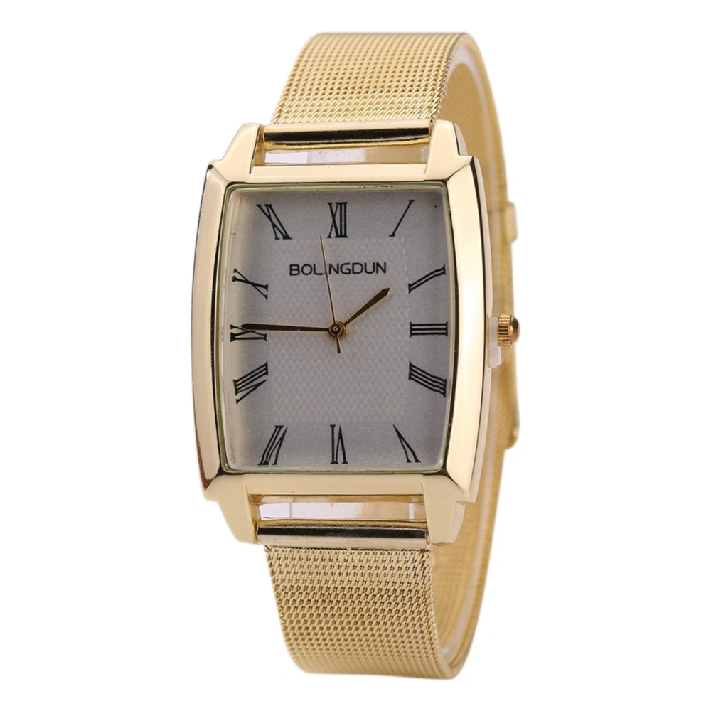 Fashion Alloy Mesh Strap Quartz Watch Roman Numeral Square Dial Men Women Watch (Gold+White)