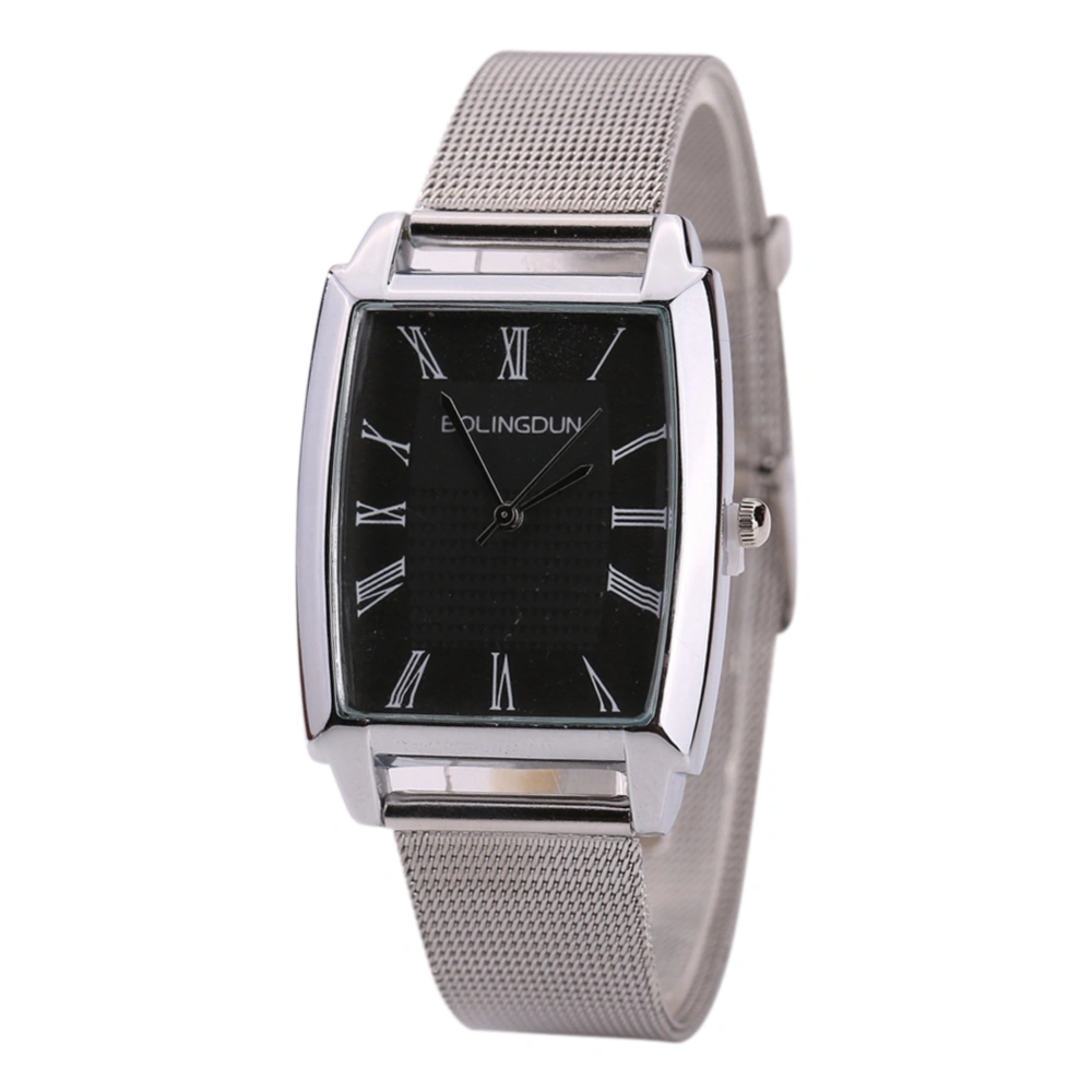 Fashion Alloy Mesh Strap Quartz Watch Roman Numeral Square Dial Men Women Watch (Silver Black)