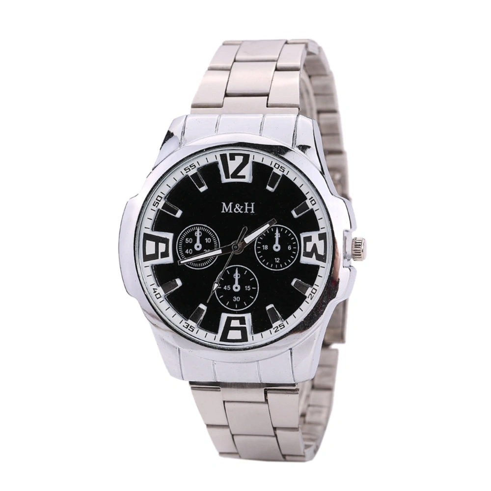 Men Business Arabic Numerals Watch Alloy Strap Quartz Analog Wristwatch (Silver Black Dial)