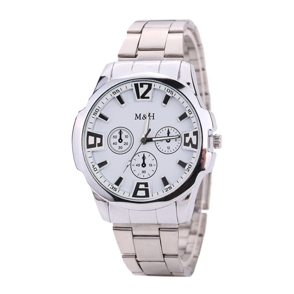 Men Business Arabic Numerals Watch Alloy Strap Quartz Analog Wristwatch (Silver White Dial)