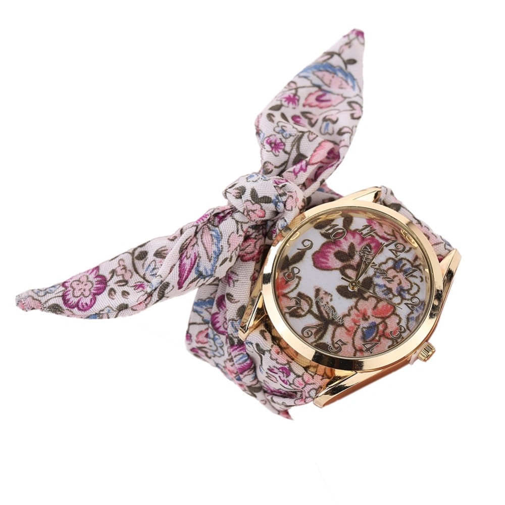 Fashion Women Floral Cloth Strap Alloy Quartz Watch Casual Wristwatch Gift (#4)