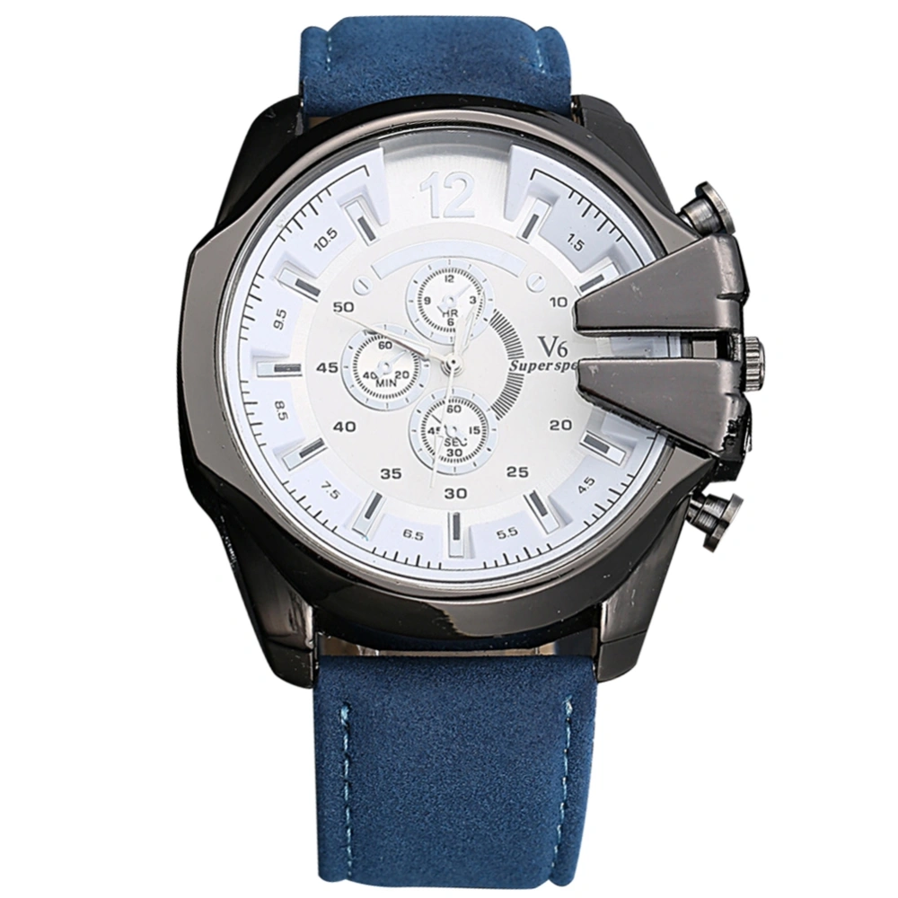 Fashion PU Band Male Quartz Watch Big Round Dial Men Casual Writstwatch (Royal Blue White)