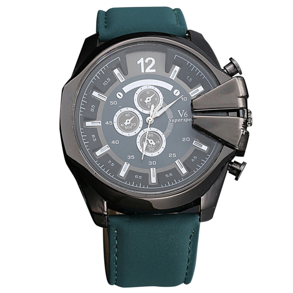 Fashion PU Band Male Quartz Watch Big Round Dial Men Casual Writstwatch (Green Black)