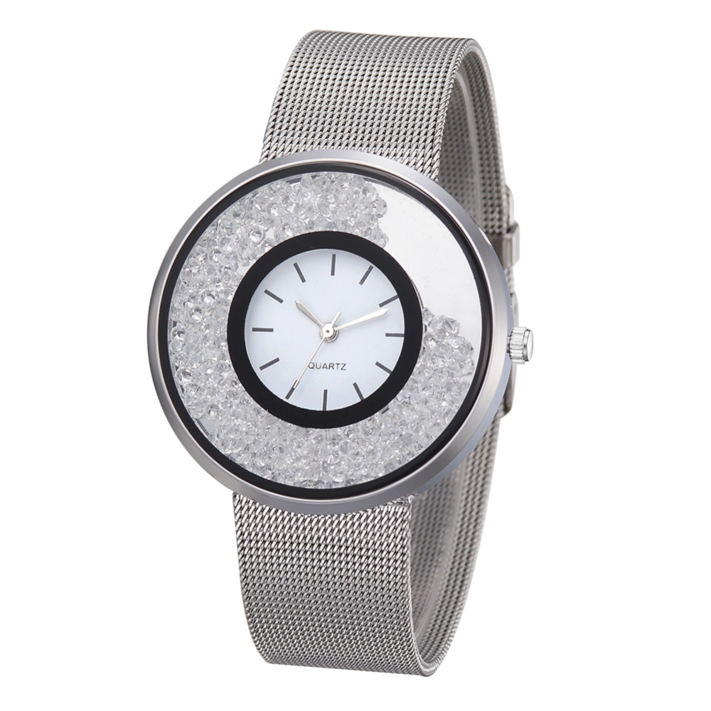 Fashion Alloy Mesh Belt Quartz Watch Crystal Beads Dial Pattern Female Watch (Silver)