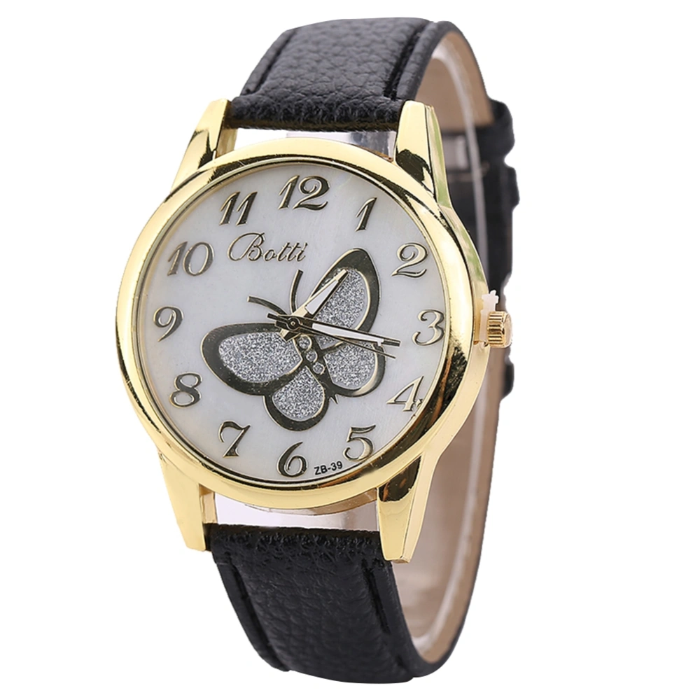 Fashion PU Leather Band Quartz Watch Butterfly Dial Pattern Female Watch (Black)