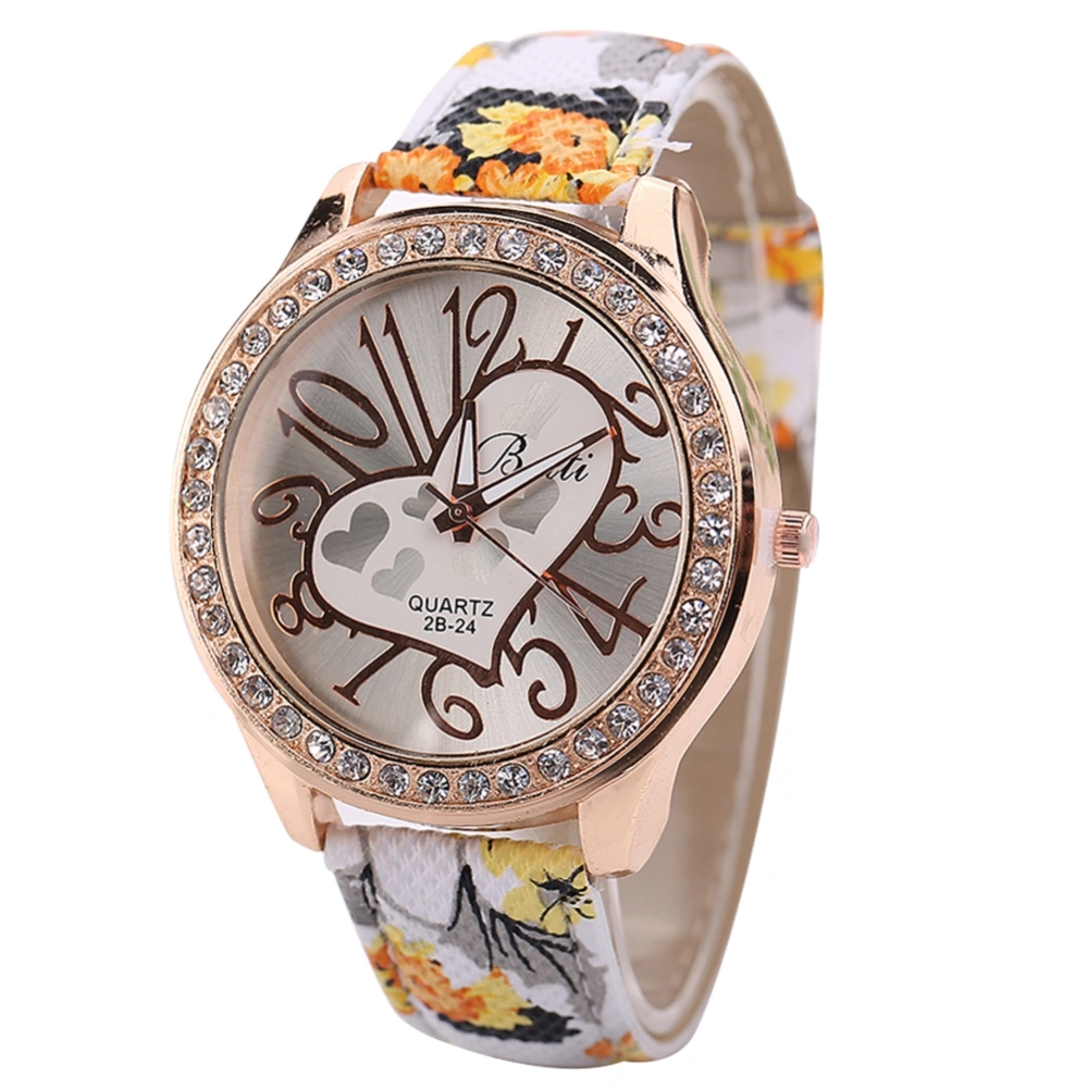 Women Arabic Numerals Heart Dial Watch Floral Print PU Strap Alloy Quartz Wristwatch (Yellow)