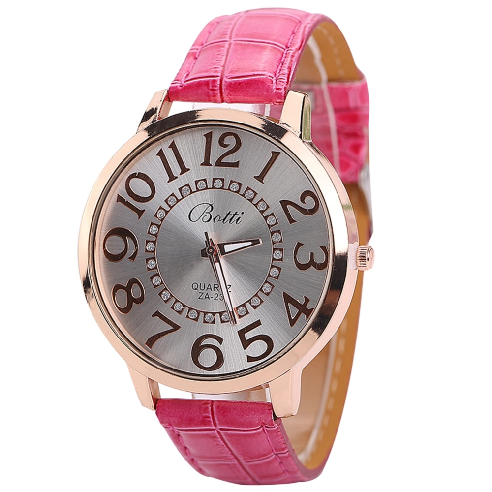 Women Large Arabic Numerals Dial Watch PU Strap Alloy Quartz Wristwatch (Rose Red)