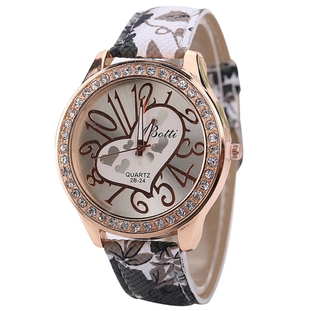 Women Arabic Numerals Heart Dial Watch Floral Print PU Strap Alloy Quartz Wristwatch (Grey)