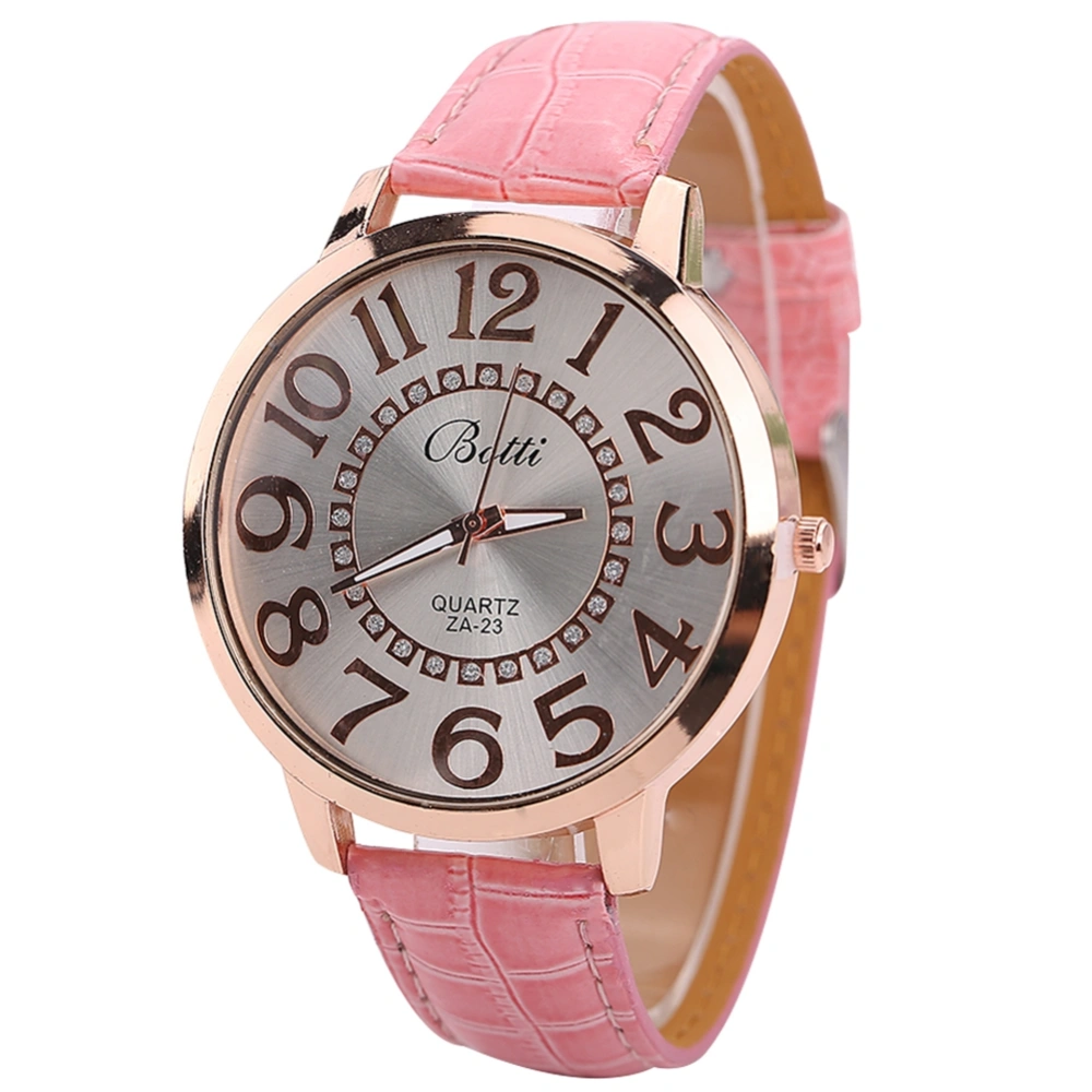 Women Large Arabic Numerals Dial Watch PU Strap Alloy Quartz Wristwatch (Pink)