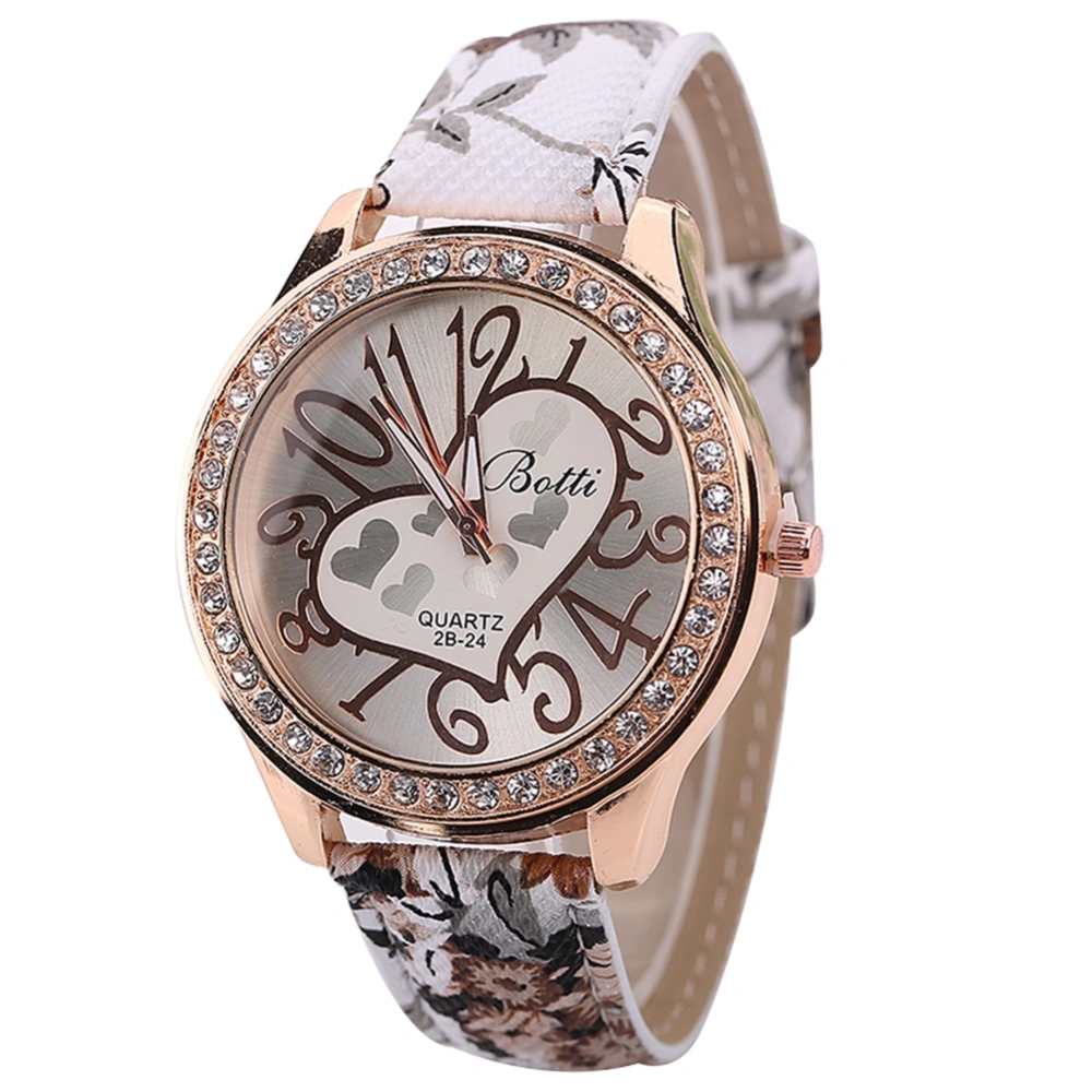 Women Arabic Numerals Heart Dial Watch Floral Print PU Strap Alloy Quartz Wristwatch (Brown)