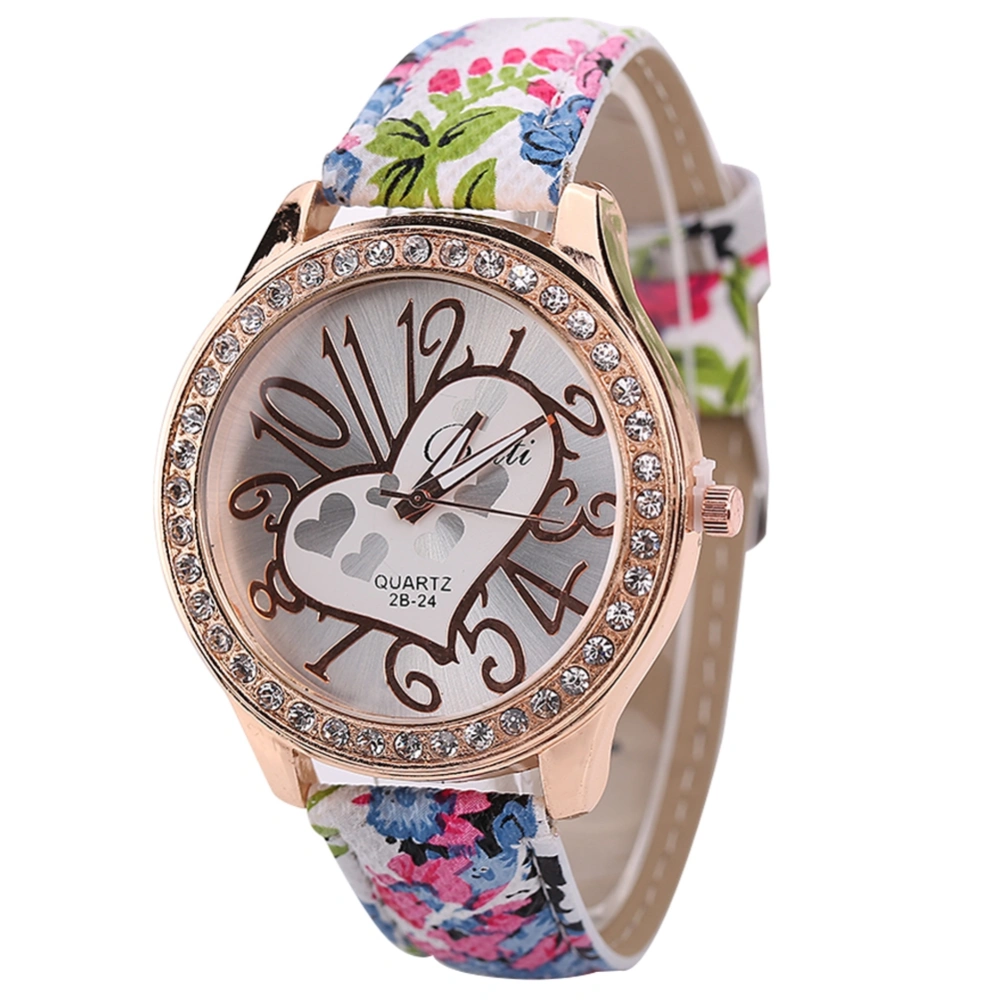 Women Arabic Numerals Heart Dial Watch Floral Print PU Strap Alloy Quartz Wristwatch (Blue)