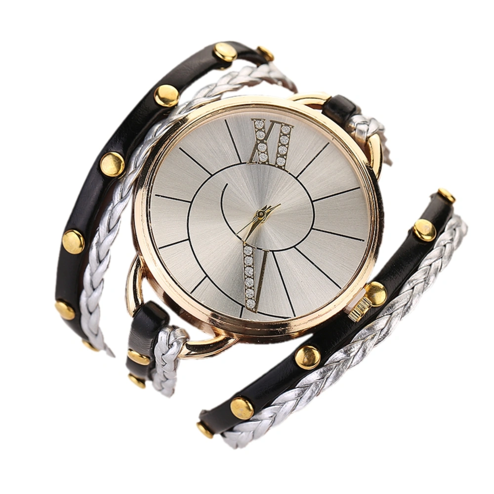 Women Retro Fashion Braided Rope Multilayer PU Alloy Quartz Watch(Black)