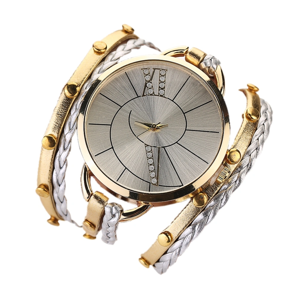 Women Retro Fashion Braided Rope Multilayer PU Alloy Quartz Watch(Golden)