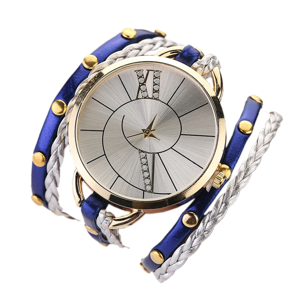 Women Retro Fashion Braided Rope Multilayer PU Alloy Quartz Watch(Blue)