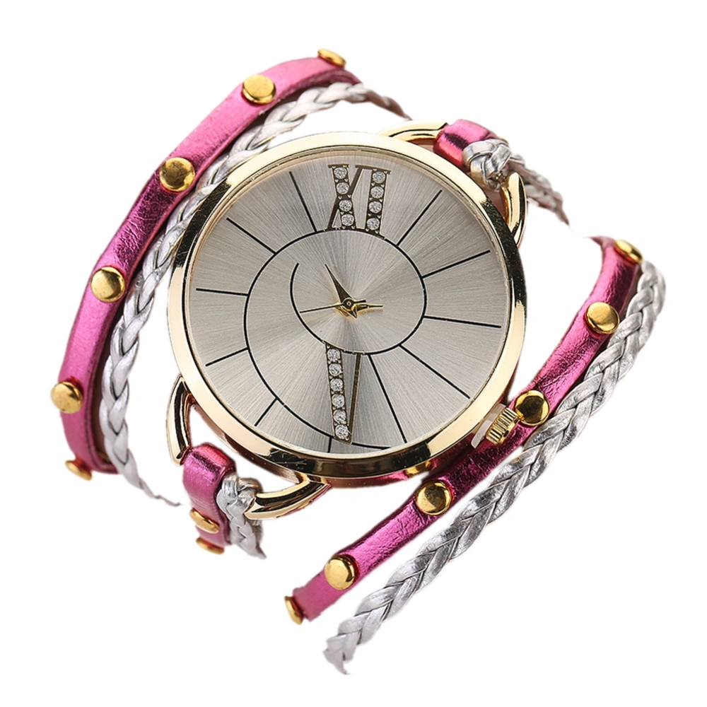 Women Retro Fashion Braided Rope Multilayer PU Alloy Quartz Watch(Rose Red)