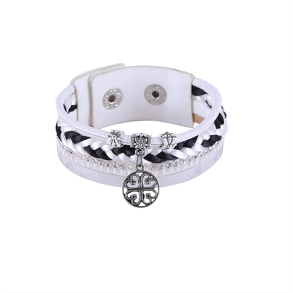 Women Multi Layers Hollow Pendant Woven Bracelet Accessory Snap Button Bangle (White)